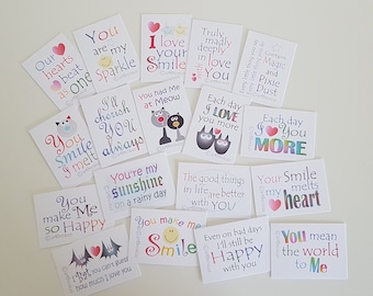 Love flat note cards, set of 18, cute romantic little love notes, lover gifts, love friendship quotes, valentine  anniversary everyday notes