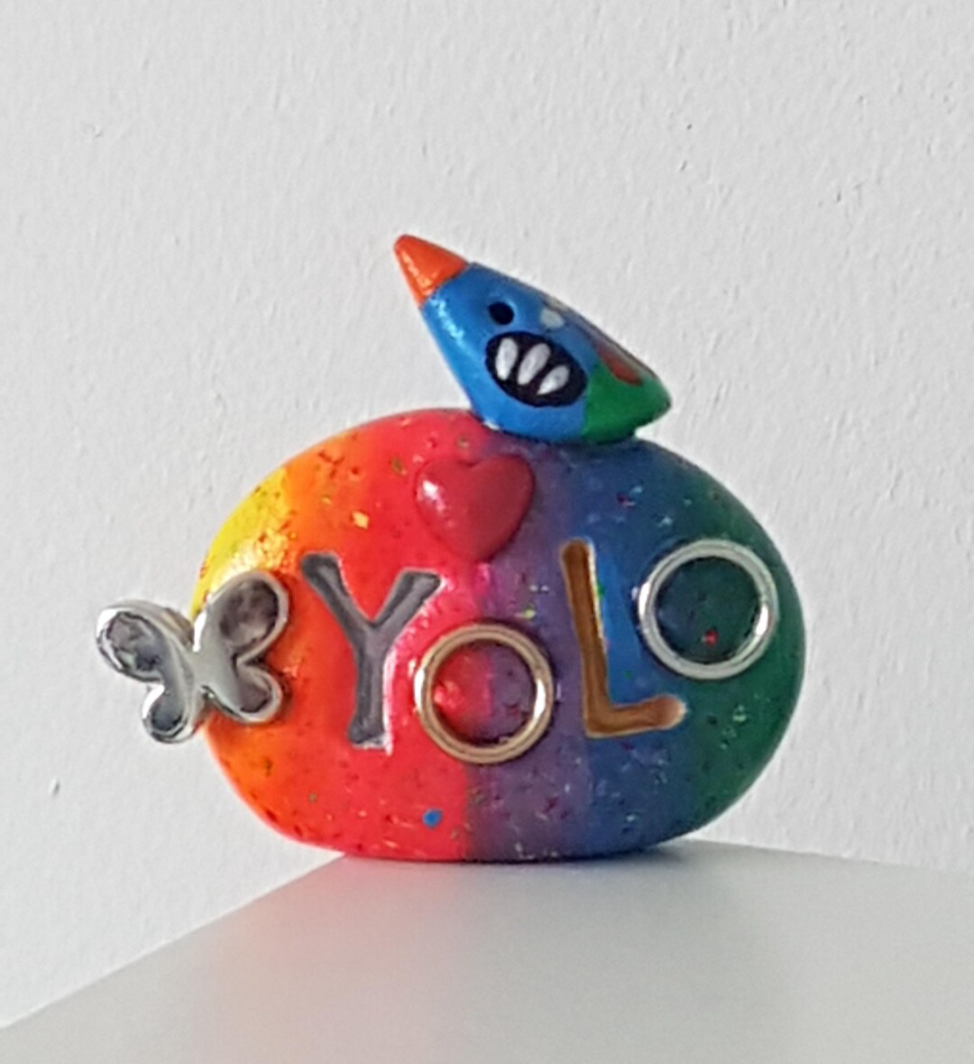 YOLO Clay Pebble Stone Sign: Rainbow Desk Decor With Bird - Etsy
