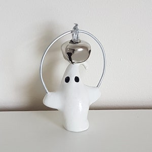 Clay Ghost Figurine with Silver Jingle Bell: Whimsical Halloween Ornament