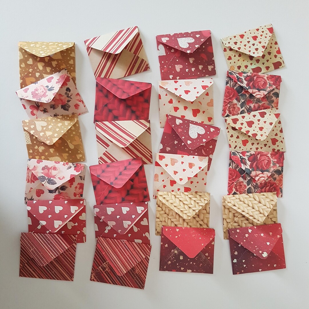 Hearts, Floral, Stripes Mini Envelopes - Set of 24 - Red, Gold, Cream ...