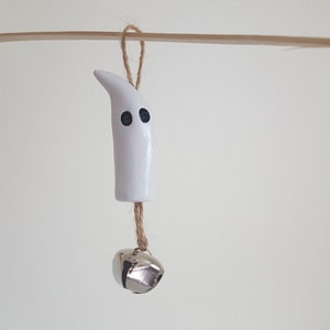 Clay Ghost Ornament with Silver Jingle Bell - Whimsical Halloween Decor