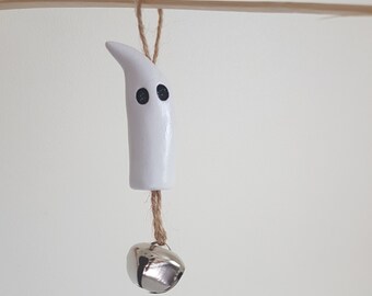 Clay Ghost Ornament with Silver Jingle Bell - Whimsical Halloween Decor