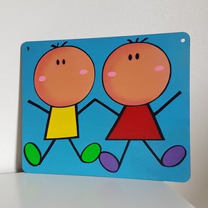 May include: Two stick figures with large heads, one wearing a yellow shirt and the other wearing a red shirt, are holding hands and walking on a blue background.