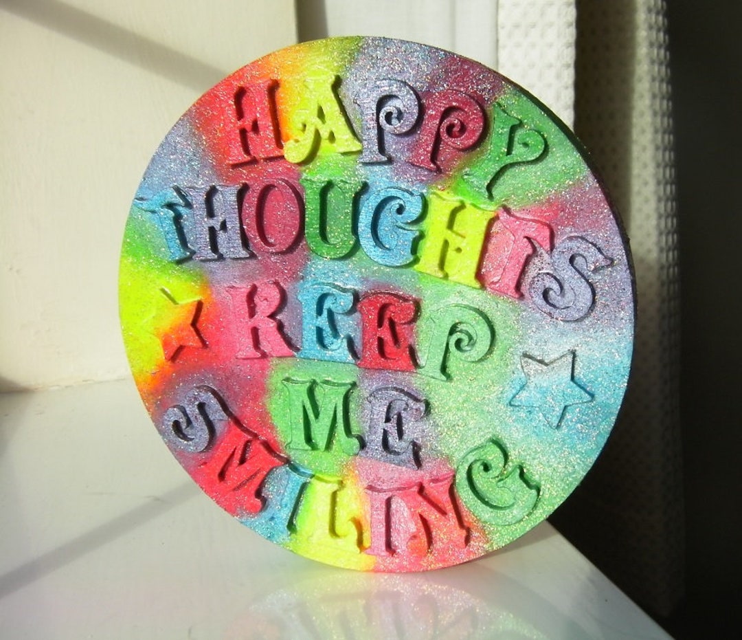 Round Wood Sign Wooden Letters Happy Thoughts Keep Me Smiliing Etsy