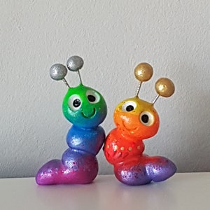 Rainbow Caterpillars - pair of caterpillars - Whimsical clay character figurines, pet caterpillars, desk buddy.