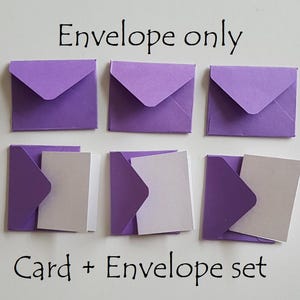 May include: Six purple envelopes, three with white cards inside, and the text "Envelope only" and "Card + Envelope set" printed below the envelopes.