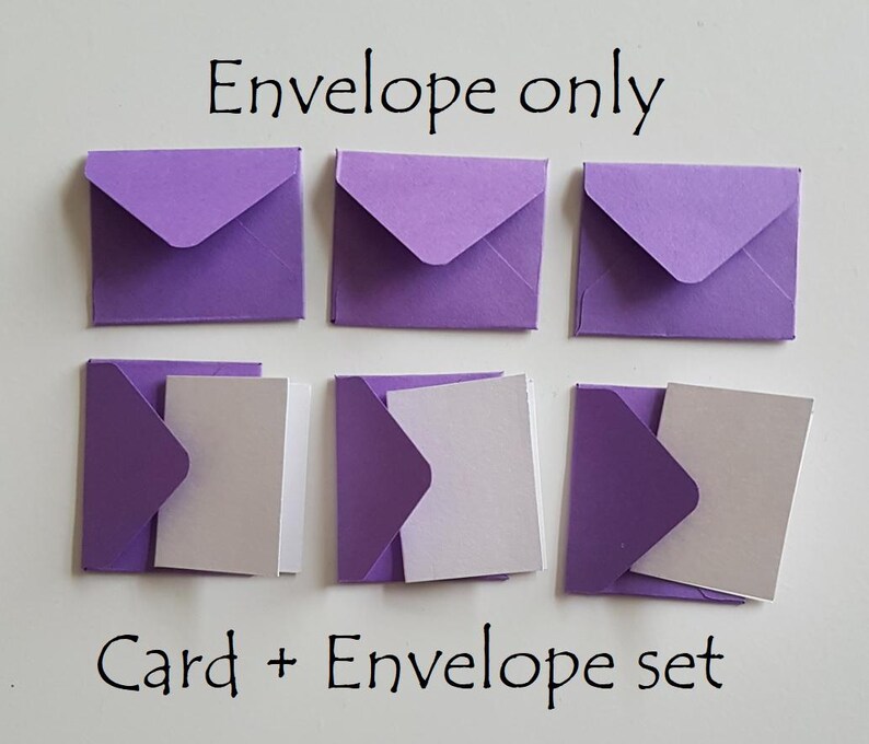 May include: Six purple envelopes, three with white cards inside, and the text "Envelope only" and "Card + Envelope set" printed below the envelopes.