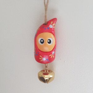 Ding-O-Bell Spirit of Good Vibes and Positivity - Hanging doll figurine with jingle bell, whimsical clay figurine sculpture ornament.