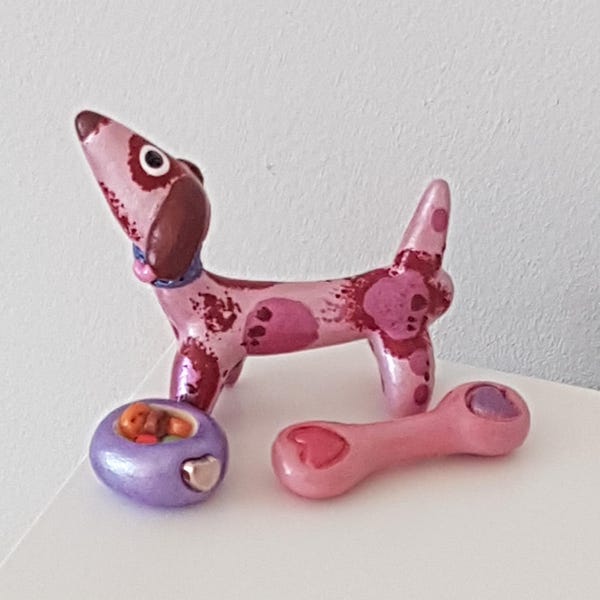 Dachshund Dog Clay Figurine – Whimsical Pink Puppy Desk Ornament Set