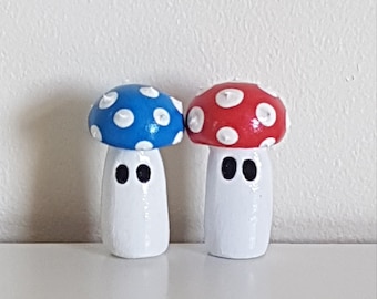 Clay Mushroom Ornaments: Whimsical Red and Blue Desk Buddies (Set of 2)