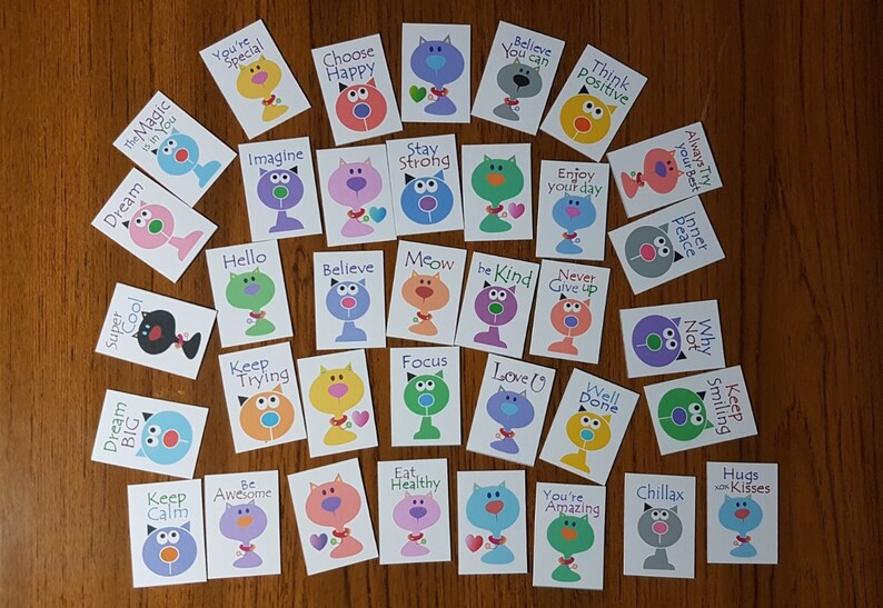 Mini flat cards of Positivity scrapbook card toppers set of 36 inspirational /& encouraging lunchbox notes kitty cats design version 1