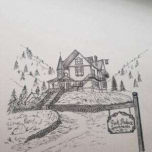 Coraline House-affischtryck | Spöklik heminredning | Gotisk herrgårdskonst | Handritad digital nedladdning Rosa palatsväggkonst | Spöklikt utskrivbart bild 3