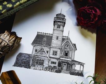 Owens House Praktiskt Magiskt Tryck, Häxig Heminredning, Arkitekturkonst, Handritat Konstverk, Spöklik Utskrivbar Konst, Digital Nedladdning Väggdekor