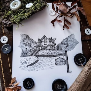 Coraline House-affischtryck | Spöklik heminredning | Gotisk herrgårdskonst | Handritad digital nedladdning Rosa palatsväggkonst | Spöklikt utskrivbart bild 1