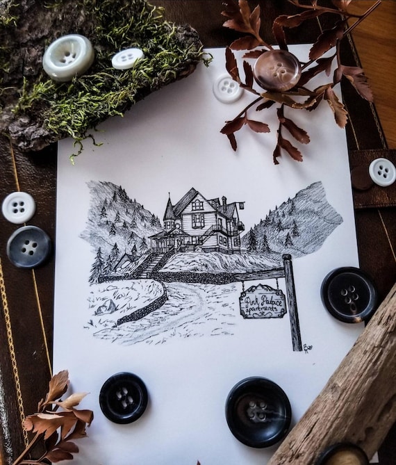 Coraline House Poster Print | Spooky Home Decor | Gothic Manor Art | Handdrawn Digital Download Pink Palace Wall Art | Spooky Printable