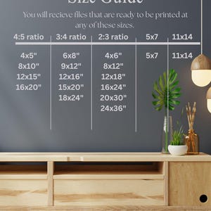 May include: A size guide chart with text that reads "Size Guide" and lists various print sizes in inches, including 4x5", 8x10", 12x15", 16x20", 6x8", 9x12", 12x16", 15x20", 18x24", 4x6", 8x12", 12x18", 16x24", 20x30", 24x36", 5x7", and 11x14".