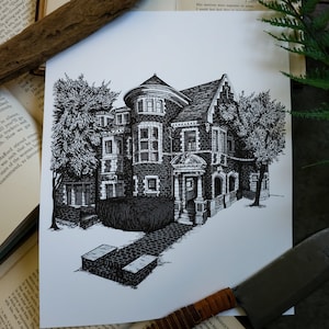The Rosenheim Mansion from American Horror Story Murder House- AHS Fictional Inspired Drawing Wall Decor Gothic Architecture Fine Art Print