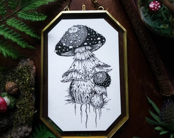 ORIGINAL Gothic Lace Mushrooms Framed Floating Drawing Pen and Ink Art, Botanical Wall Decor