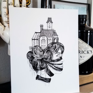 Victorian Gothic on the Mind- Haunted House and Woman Portrait Wall Decor Fine Art Print