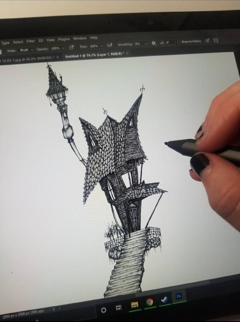 May include: A black and white illustration of a quirky, spooky house with a tall, pointed roof and a winding staircase. The drawing is being created on a digital tablet using a stylus. The house has multiple windows and a decorative lamp post.