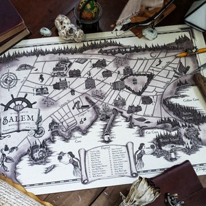 EDICIÓN LIMITADA Salem, Massachusetts Canvas Map Wall Art - Cartografía de monumentos históricos de 13x19 pulgadas de la ciudad de las brujas