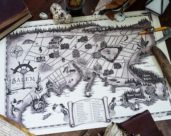 LIMITED EDITION Salem, Massachusetts Canvas Map Wall Art - 13x19 inch Historical Landmarks Cartography of the Witch City