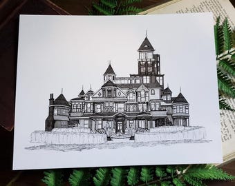 Winchester Mystery House affischtryck | Historisk spökhusdekor | Gotisk herrgård | Handritad digital nedladdning väggkonst kuslig utskrivbar