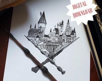 Magical Castle Poster Print | School of Witchcraft Art | Fantasy Home Decor | Handdrawn Digital Download Wall Art | HP Landmark Printable