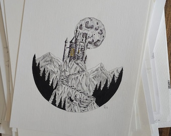 Dracula's Castle ORIGINAL Drawing Pen and Ink Fiction Inspired Horror Art, Dark Fantasy Wall Decor