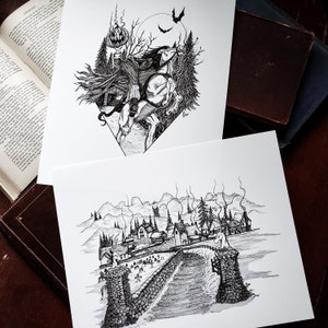 Sleepy Hollow Village and Headless Horseman Wall Decor Fine Art Print Set
