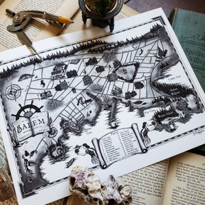 マサチューセッツ州セーラムの地図 - 歴史的建造物 魔女の街の地図作成 壁の装飾 ゴシックアートプリント