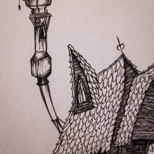 May include: A detailed pen and ink illustration of a fantastical building with a textured roof and a tall, ornate lamp post. The artwork is in black and white, showcasing intricate linework and a gothic architectural style.