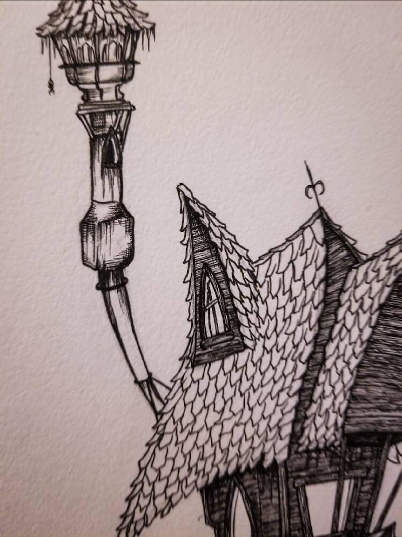 May include: A detailed pen and ink illustration of a fantastical building with a textured roof and a tall, ornate lamp post. The artwork is in black and white, showcasing intricate linework and a gothic architectural style.