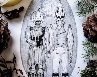 May include: A black and white pencil drawing of a couple dressed in Victorian-era clothing. The couple's heads are replaced with carved pumpkins. The drawing is set against a dark background with a full moon.