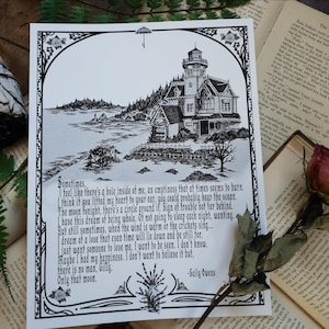 May include: Black and white art print featuring a detailed illustration of a Victorian-style house on a hill, with text from Sally Owens' poem. The print has a decorative border with floral and umbrella motifs. The overall theme is gothic and romantic.