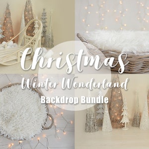4 Christmas Digital Backgrounds Bundle. White Sliver Christmas Trees & Sledge Sleigh Lights Prop Scene. Newborn Baby Toddler Photography