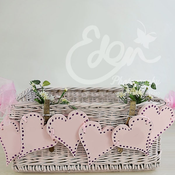 Valentines Basket with Pink Hearts and Flowers Children's Digital Backdrop Prop Scene Newborn Baby and Toddler Photography. First Birthday