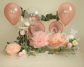 Vines and Peach Pink Flowers Balloons Pompoms Digital Download Backdrop. First Birthday Cake Smash Prop Background. Baby Child Photography