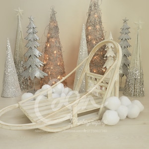 Christmas Digital Background to Download. White Sliver Christmas Trees & Sledge Sleigh Lights Prop Scene. Newborn Baby Toddler Photography