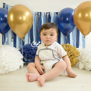 Blue and Gold Balloons Pom pom Decorations Digital Backdrop Download.  First Birthday Cake Smash Prop Scene Newborn Baby Toddler Photography