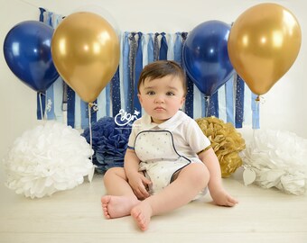 Blue and Gold Balloons Pom pom Decorations Digital Backdrop Download.  First Birthday Cake Smash Prop Scene Newborn Baby Toddler Photography