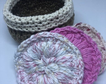 Crochet Cotton Scrubbies with basket Pink Lady