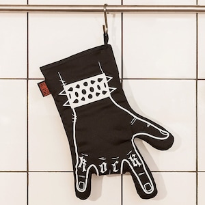 Rock'n'roll oven mitt BLACK BBQ  printed by hand - oven mitt - horns hand - right hand
