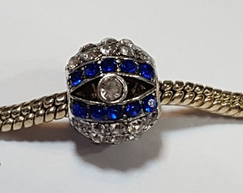 Magical Protection Fits all Designer and European Charm Bracelets* Blue Evil Eye Charm Round Charm With Clear and Blue Rhinestones Crystals