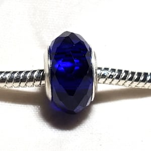 Sapphire Blue Faceted Glass Bead, European Bead, Murano Glass Bead, 925 Silver Core, Dark Blue-Fits all Designer & European Charm Bracelets