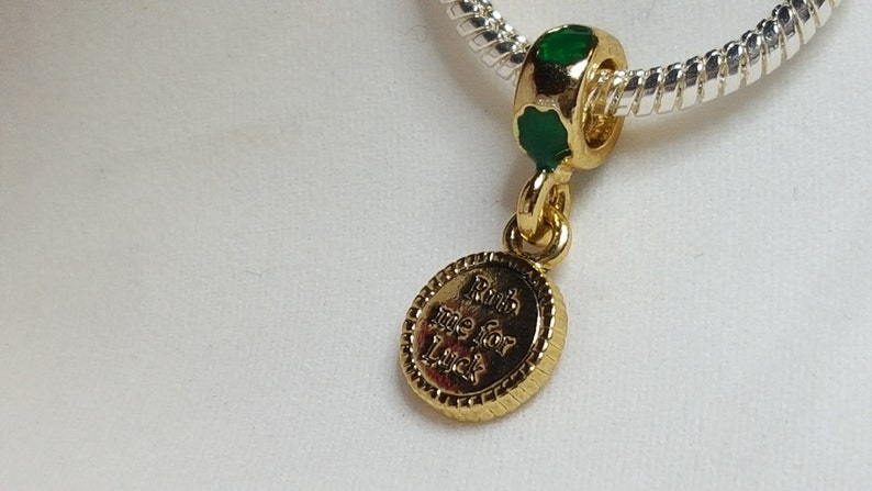 Fits all Designer and European Charm Bracelets Irish Luck CharmSpacer Dangle Rub Me For Luck Charm 22K GP