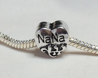 Nana Charm / Spacer Silver Tone Heart 