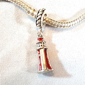 Lighthouse Charm, Dangle Charm, Antiqued Look Red White Lighthouse,  Fits all Designer and European Charm Bracelets