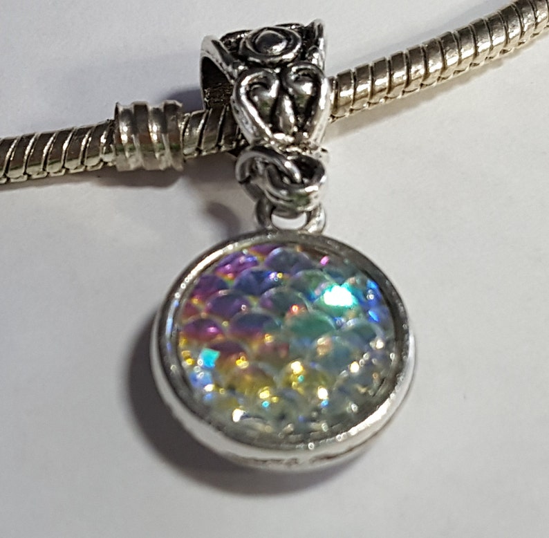 Mermaid Fish Dragon Scales Round Dangle Charm Mother of Pearl Tones Spacer-Dual Sides Fits all Designer and European charm bracelet