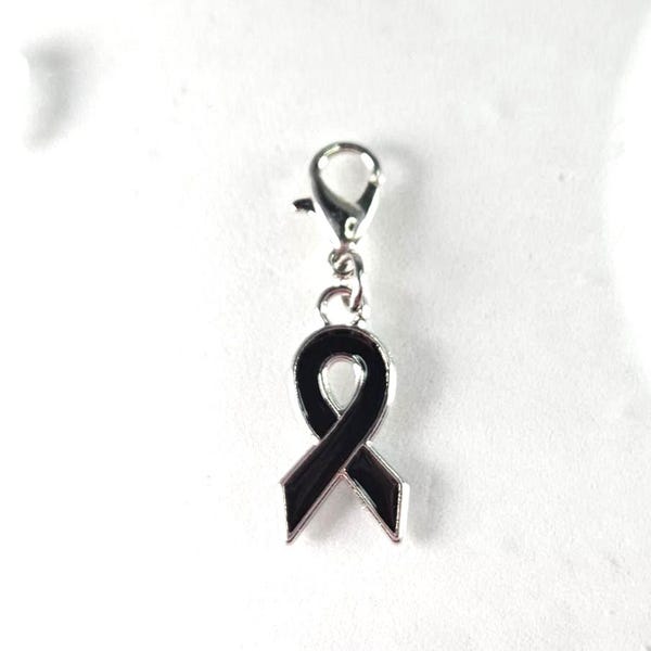 Black Awareness Ribbon Charm, Melanoma, Narcolepsy, Sleep Apnea, Sleep Disorders-Barrel Shape-Lobster Clasp Clip On